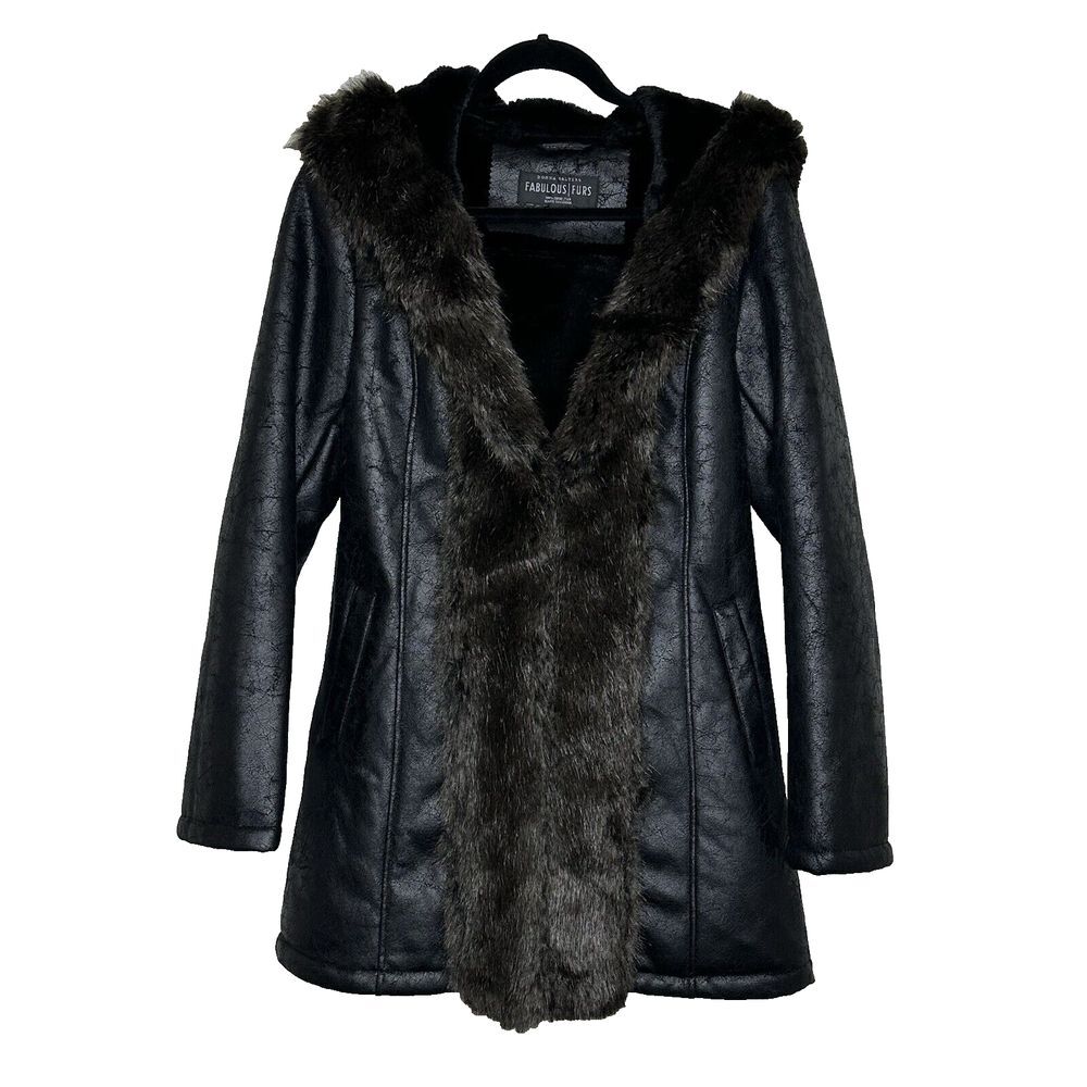 Donna‎ Salyers Fabulous Furs Womens Small Faux Leather Hooded Jacket Coat Black